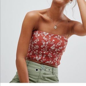 Shirred Bandeau Top In Rust Floral